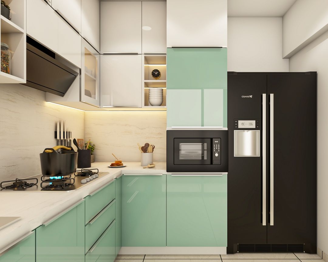 L-Shape Modular Kitchen Design With Aqua Green And Frosty White ...
