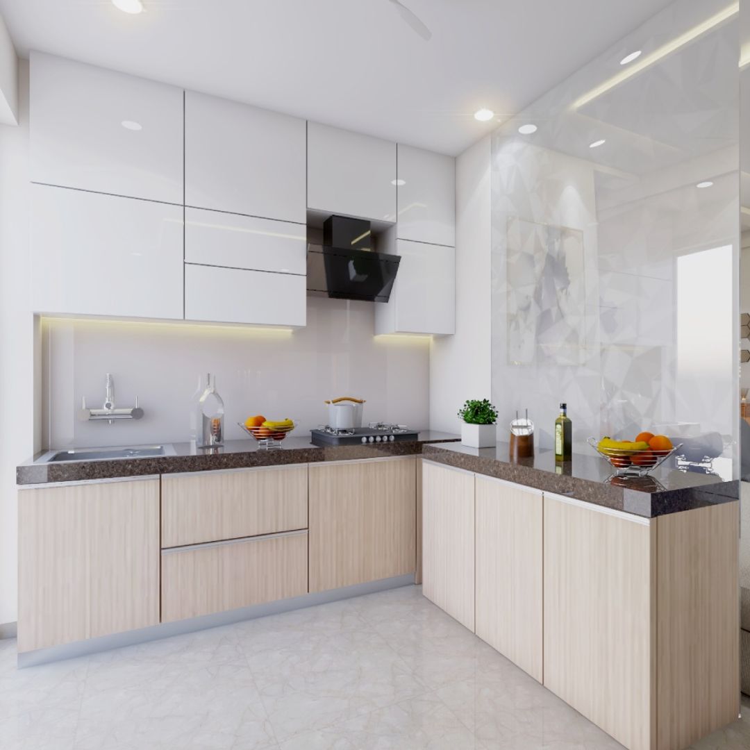 Contemporary Modular L-Shaped Kitchen Design With Teak And Frosty White ...