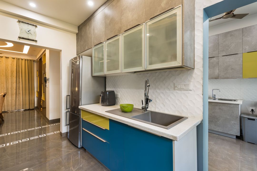 Modern L-Shape Modular Kitchen Design with Aqua Blue and Sunflower ...