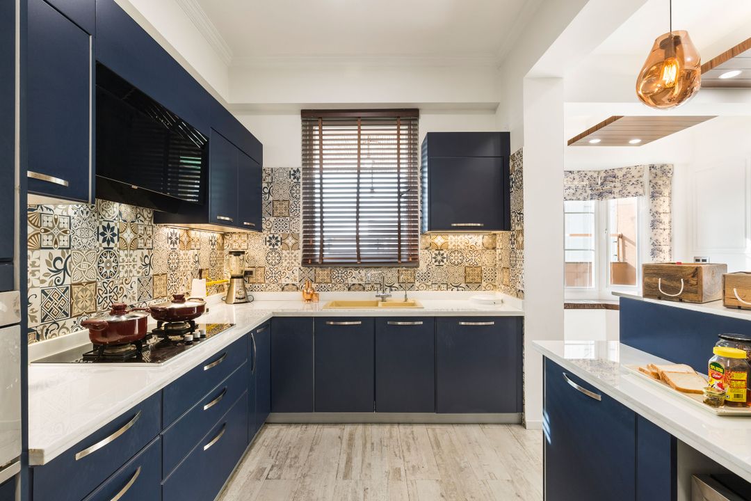 Modern L-Shape Modular Kitchen Design With Wave Blue Cabinets and ...
