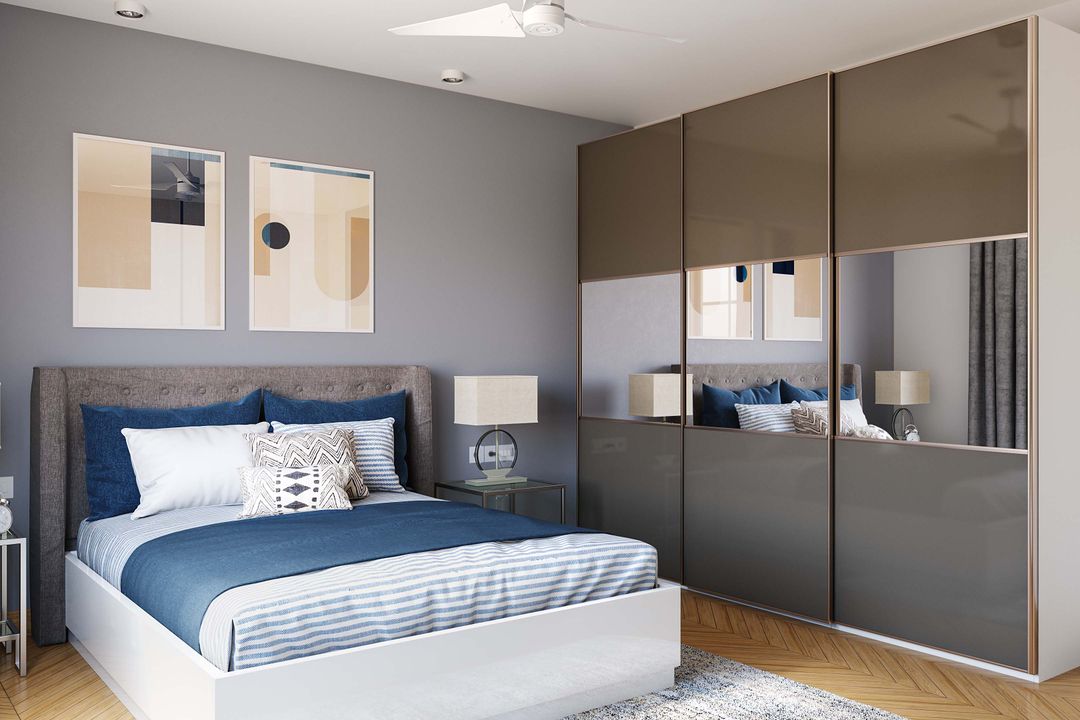 "Contemporary Guest Bedroom Design with Wooden Flooring and Grey Wall ...
