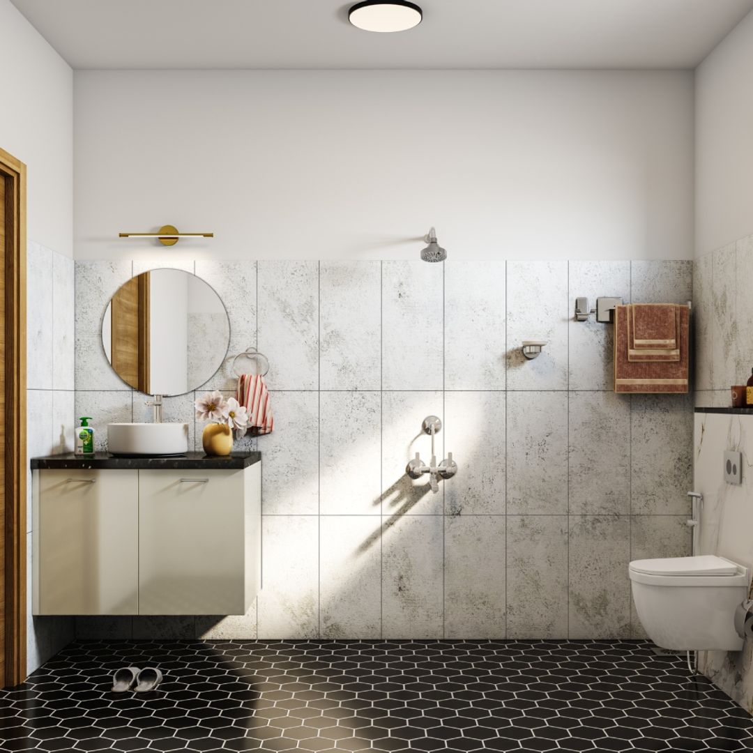 Image showcasing Matte Finish White and Grey Ceramic Bathroom Tiles Design, Stack ...