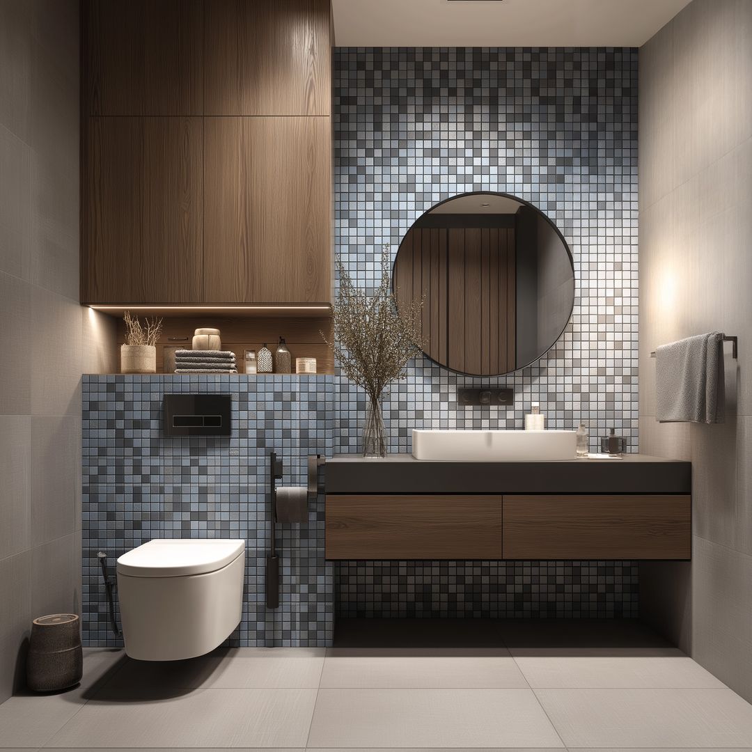 Contemporary Bathroom Design with Blue Mosaic Tiles, Floating Vanity ...