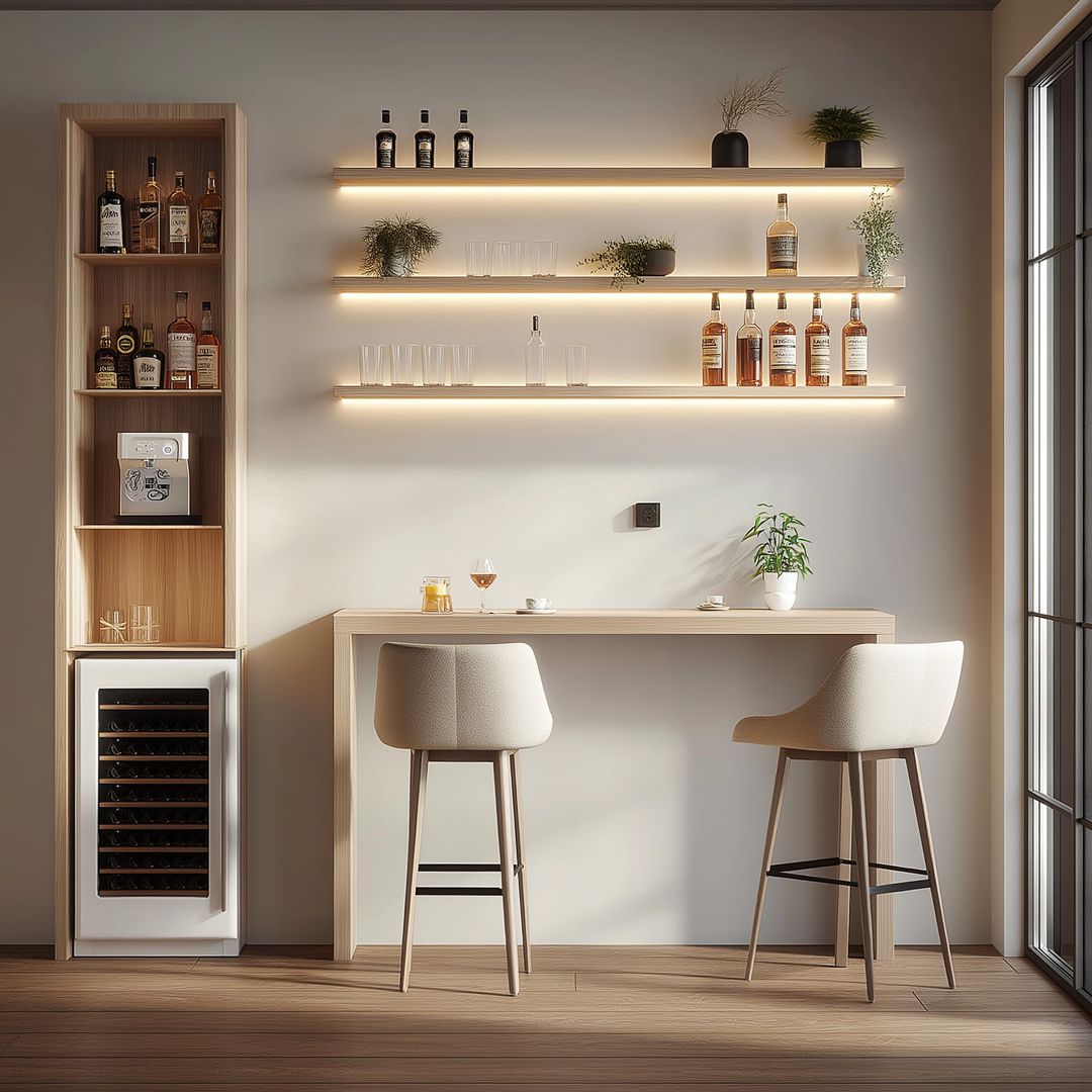 Light Oak Scandinavian Home Bar Design with Built In Wine Fridge | Livspace