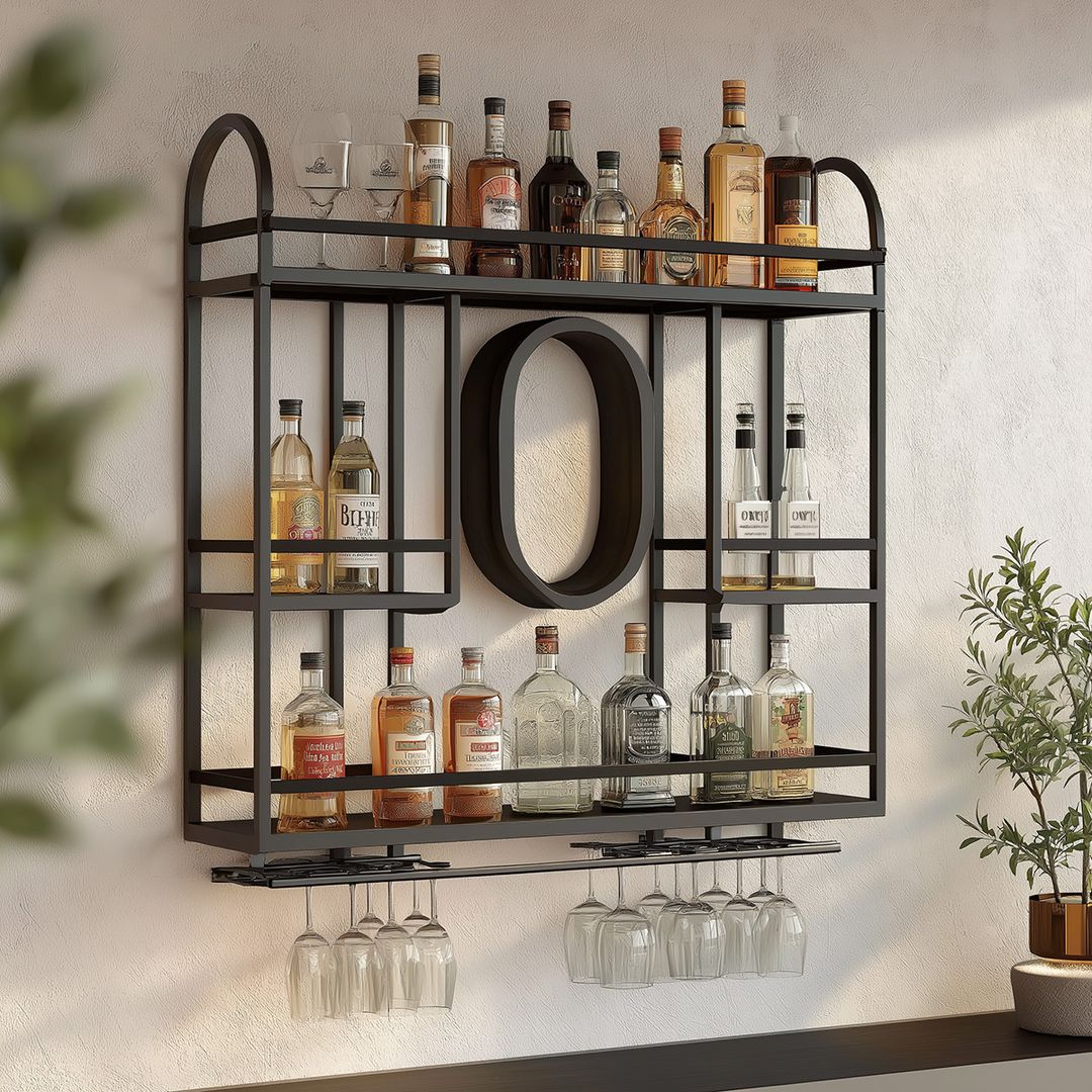 Modern Metal Frame Home Bar Design with Open Bottle Shelving and ...