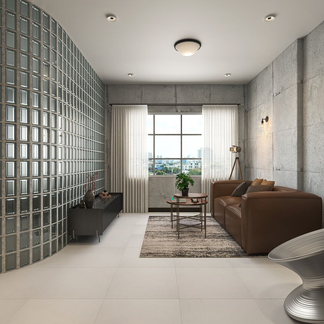 Low-Maintenance Beige Living Room Tile Design | Livspace
