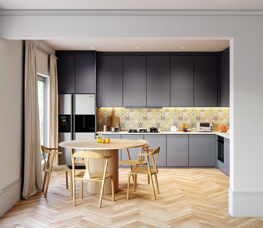 Spacious Dining Room with Attached Kitchen and Wooden Furniture | Livspace