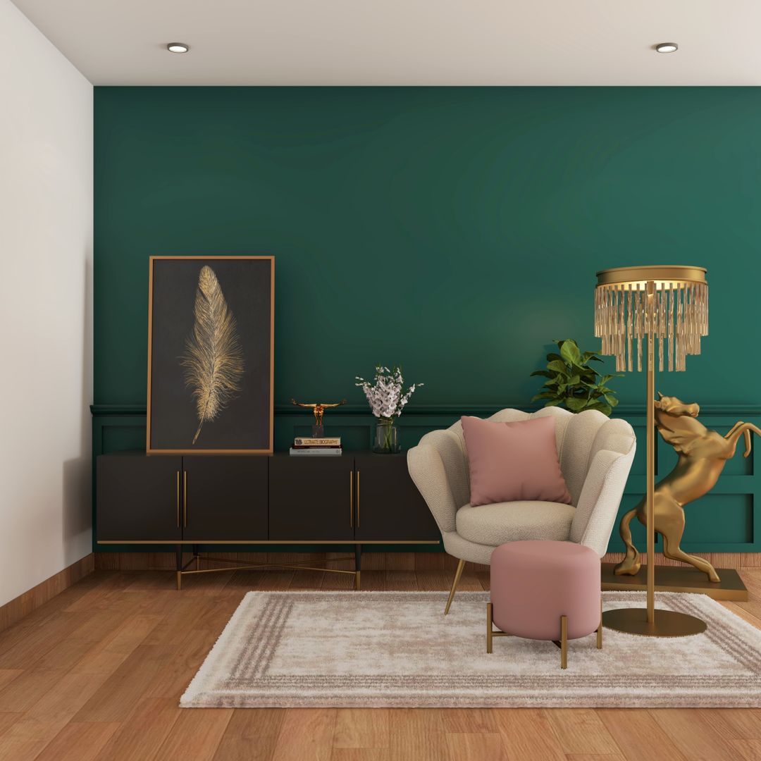Dark Green Wall Spacious Foyer Design Idea with Crystal Light | Livspace