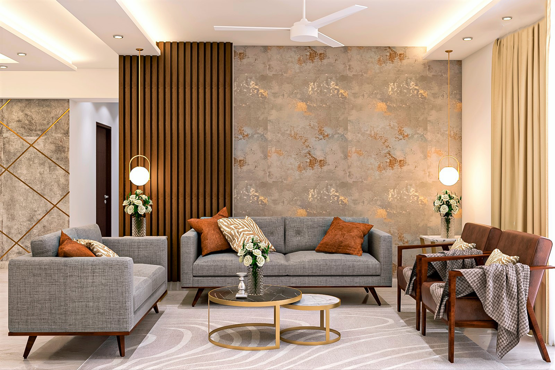 Textured Wall Living Room Design with Wooden Panelling and False ...