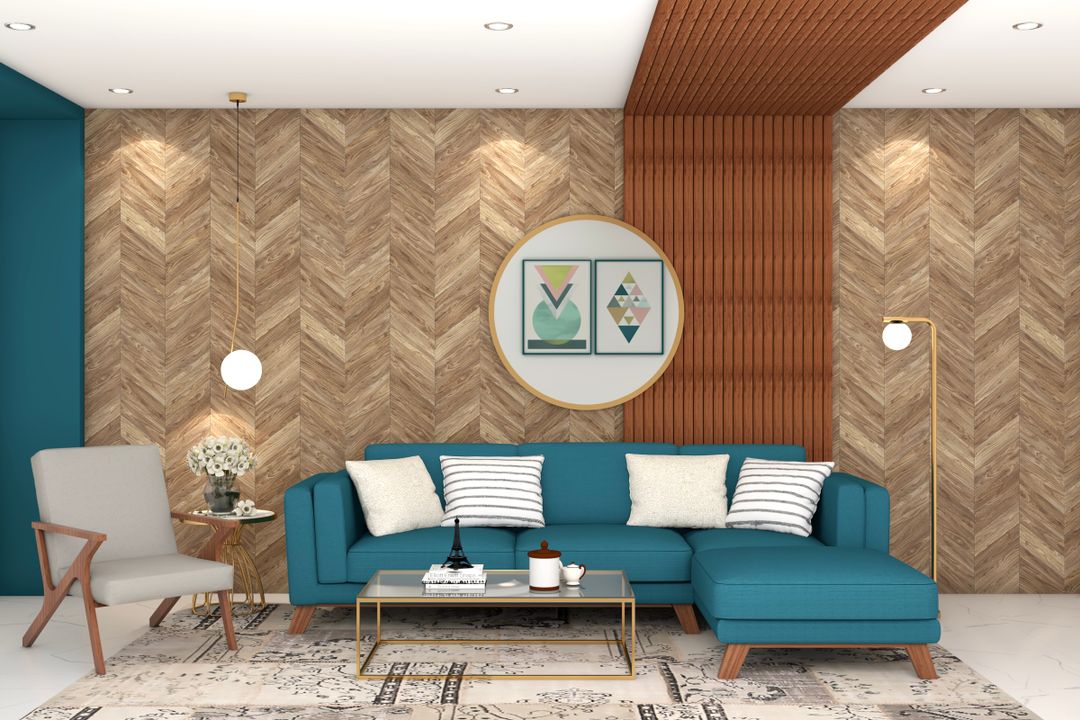 Spacious Modern Living Room With Blue L-Shaped Sofa | Livspace