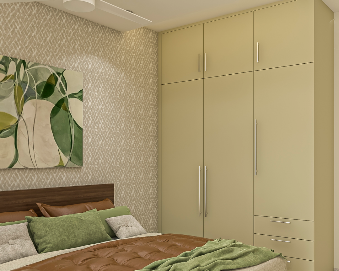 Compact Beige Master Bedroom Design With Accent Wall And Pooja Unit ...
