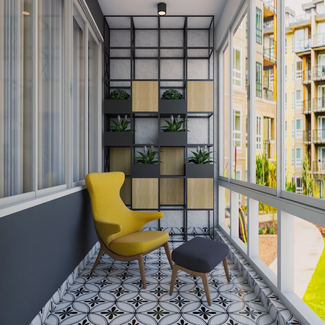 Curated visual reference: Visual Reference: Compact Balcony Design With Slate Grey And Wood Storage Unit