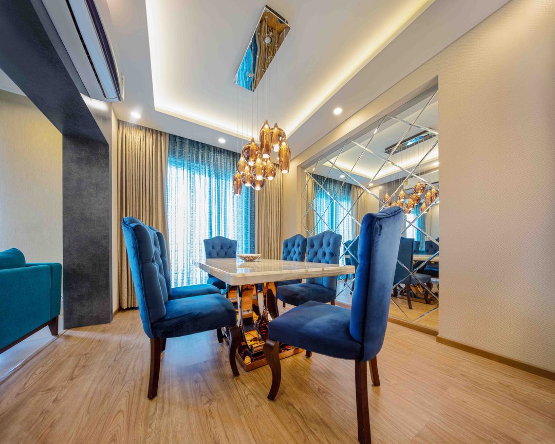 Delhi 3-BHK Interior Design With 6-Seater Blue And Beige Dining Table ...