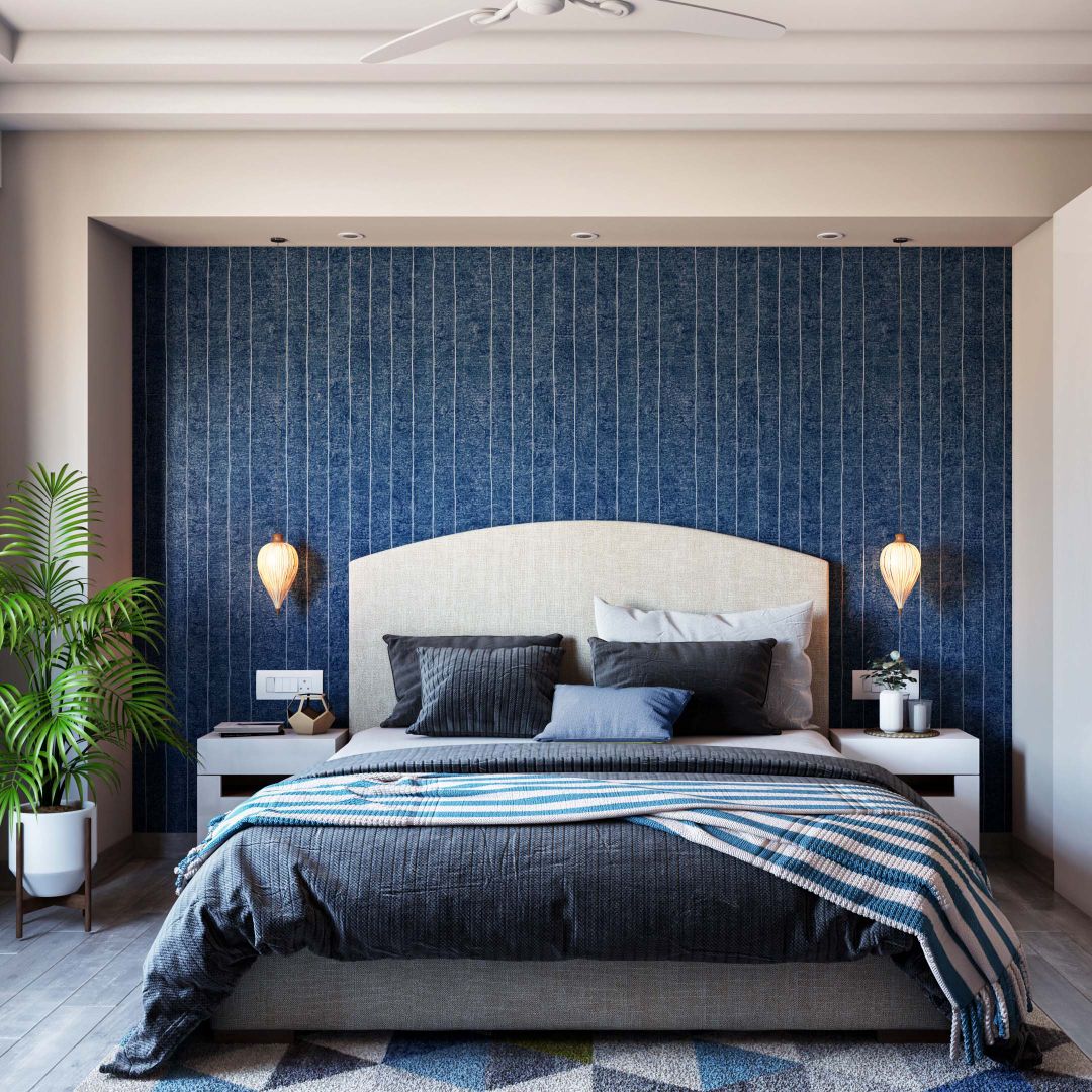 Blue Textured Bedroom Wallpaper Design With White Stripes | Livspace