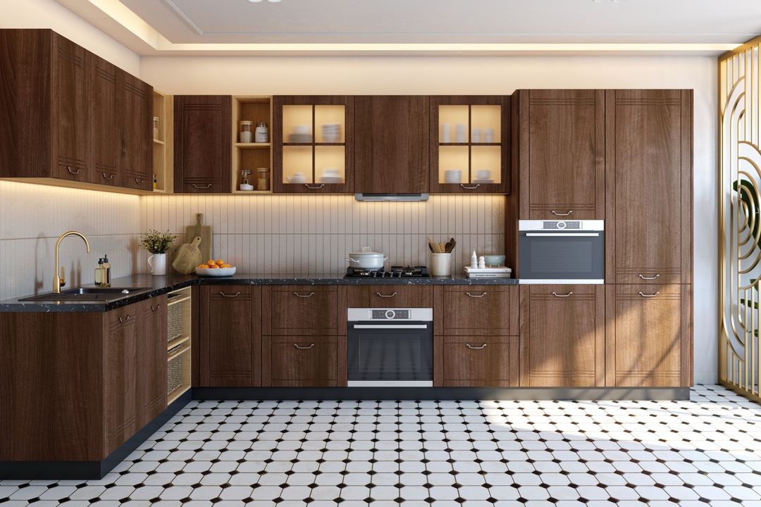 Dark Wood L-Shaped Kitchen Design With White Rectangular Backsplash