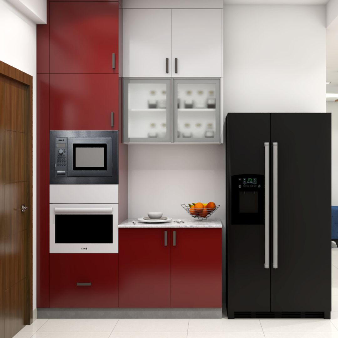 Dark Red And Grey Modular L Shape Kitchen Design With White Subway Dado ...