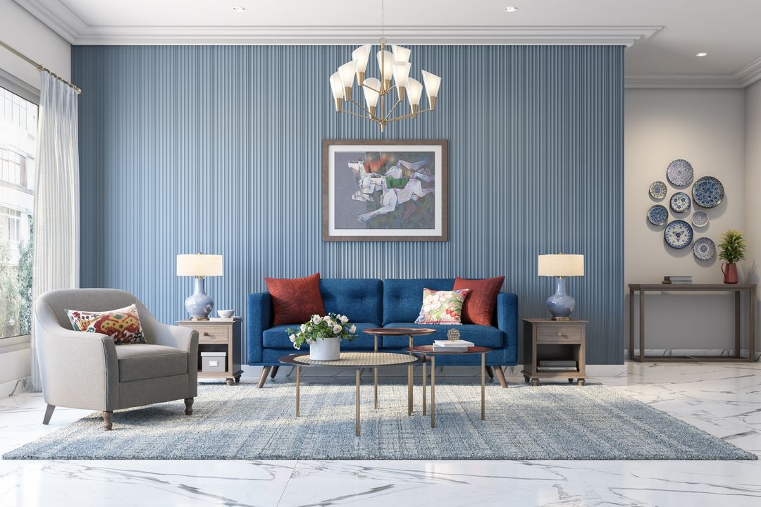 Spacious Living Room Design With Dark Blue Sofa And Light Blue Accent ...