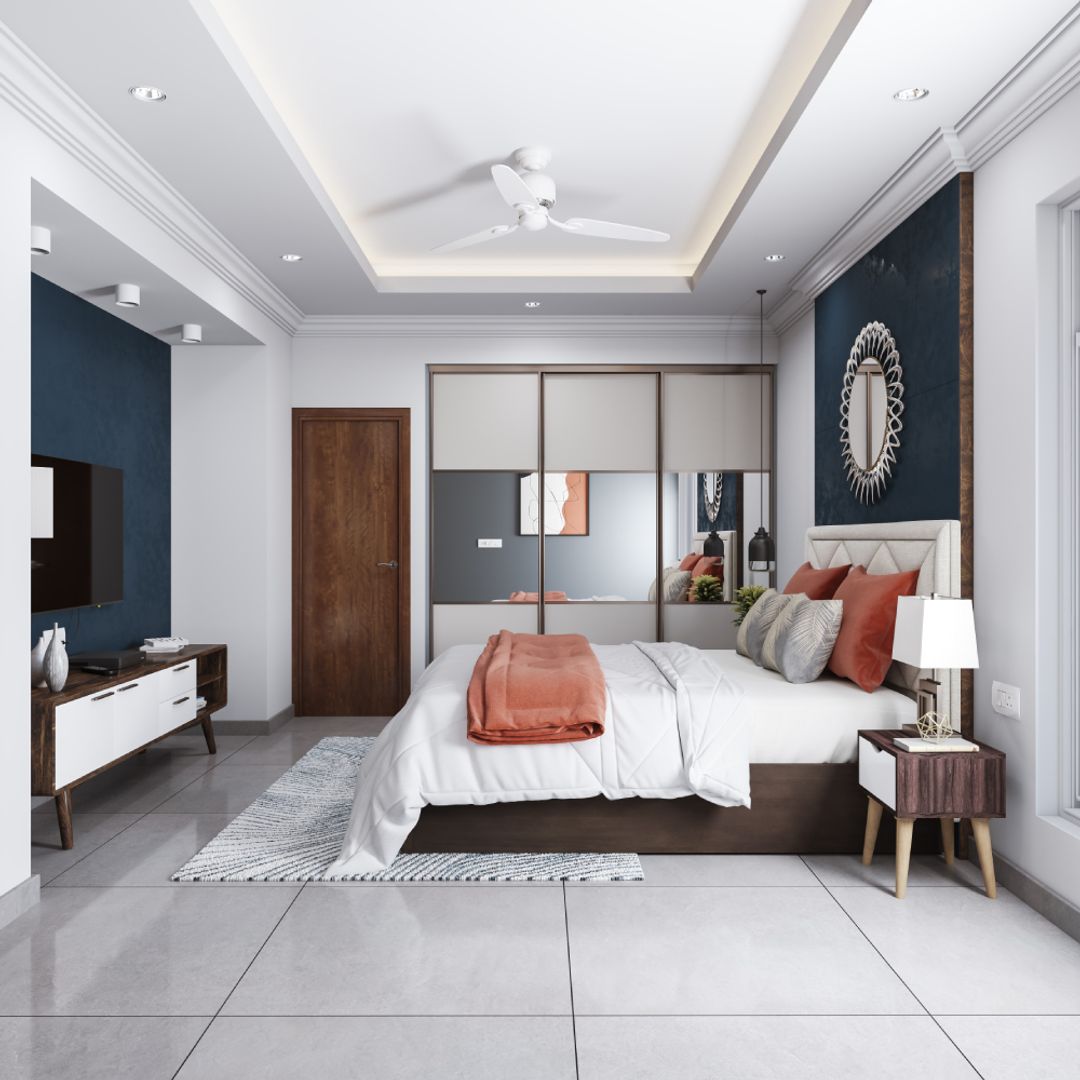 White And Blue Master Bedroom Design With 3-Door Sliding Wardrobe ...