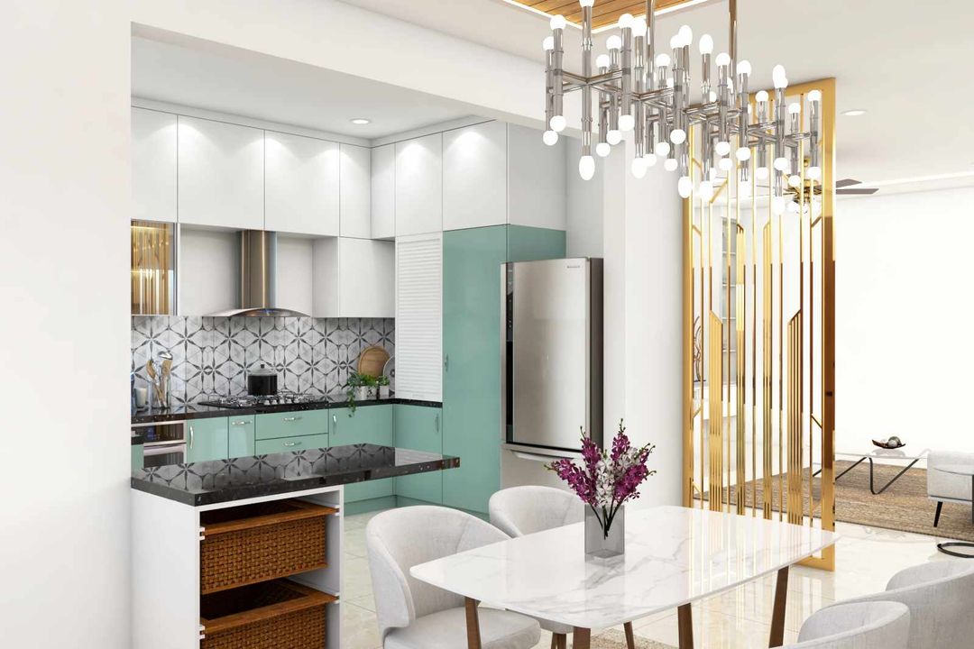 Spacious Kitchen Design With White And Aqua Green Storage Units | Livspace