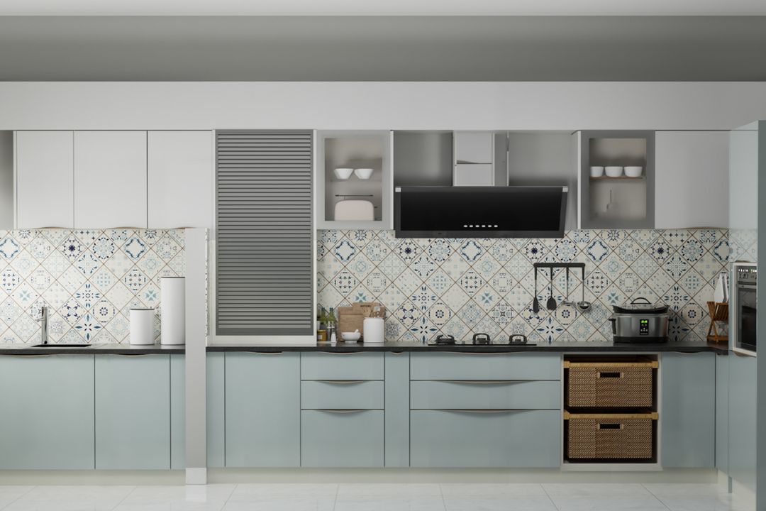 Compact Modular Kitchen Design With 2 Wicker Baskets For Maximum ...