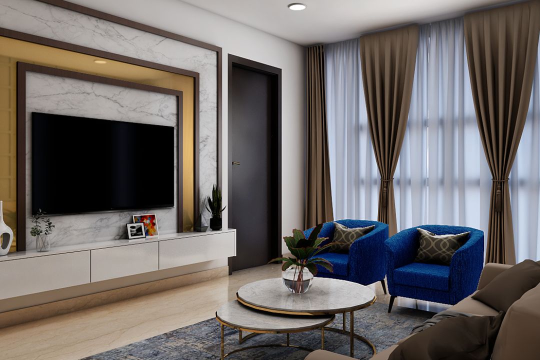 Compact Living Room Design With Checkered Wall Panelling | Livspace