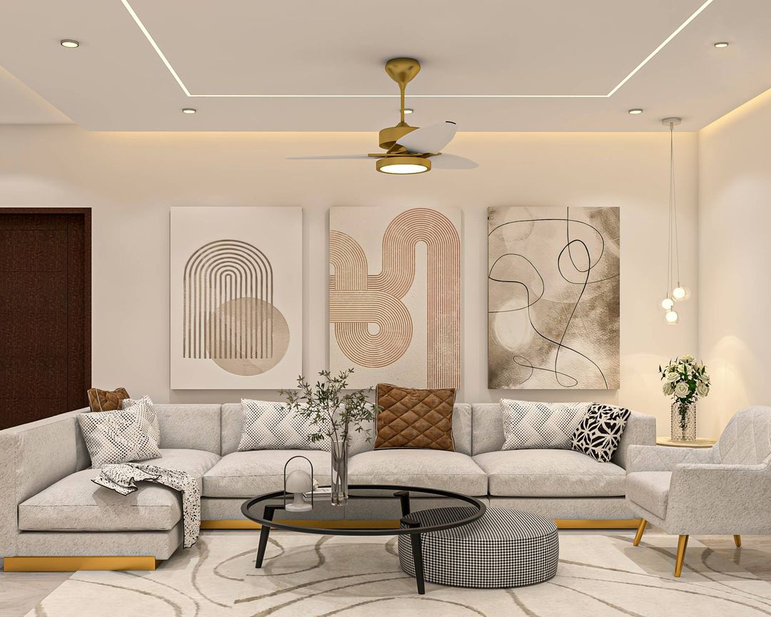 Spacious Living Room Design With A White Upholstered Single-Seater Sofa ...