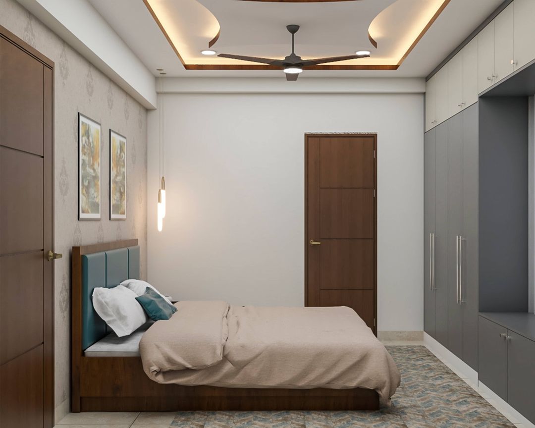 Master Bedroom With Beige Damask Wallpaper And Pendant Lights | Livspace