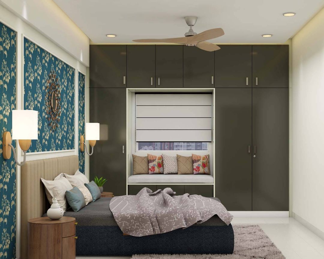 Spacious Master Bedroom Design With Blue Bed And Beige Headboard | Livspace
