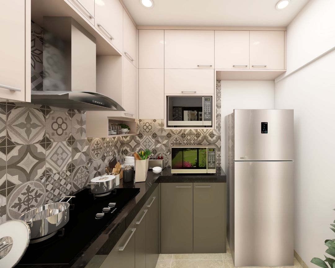 Modular L Shape Kitchen Design With Grey And Black Patterned Dado Tiles ...
