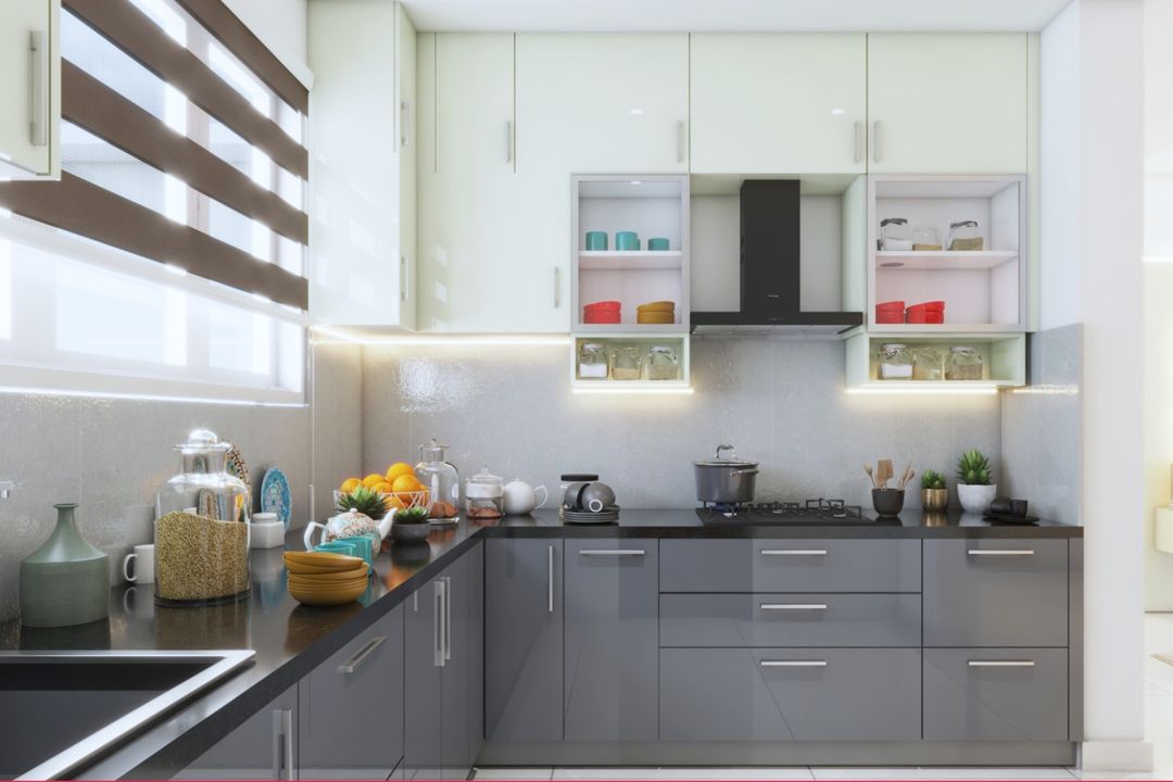 Modular L Shape Kitchen Design With Silver And White Cabinets | Livspace