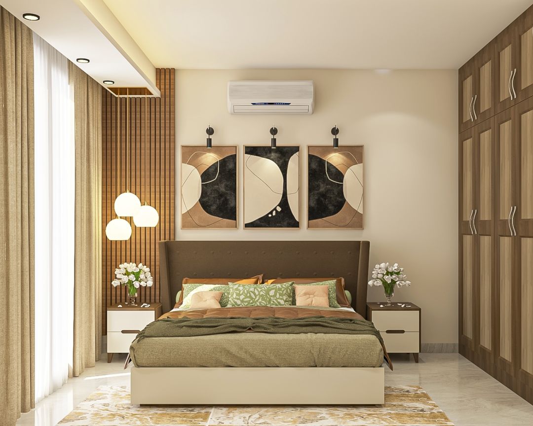 Brown And Beige Master Bedroom Design With 4-Door Swing Wardrobe | Livspace