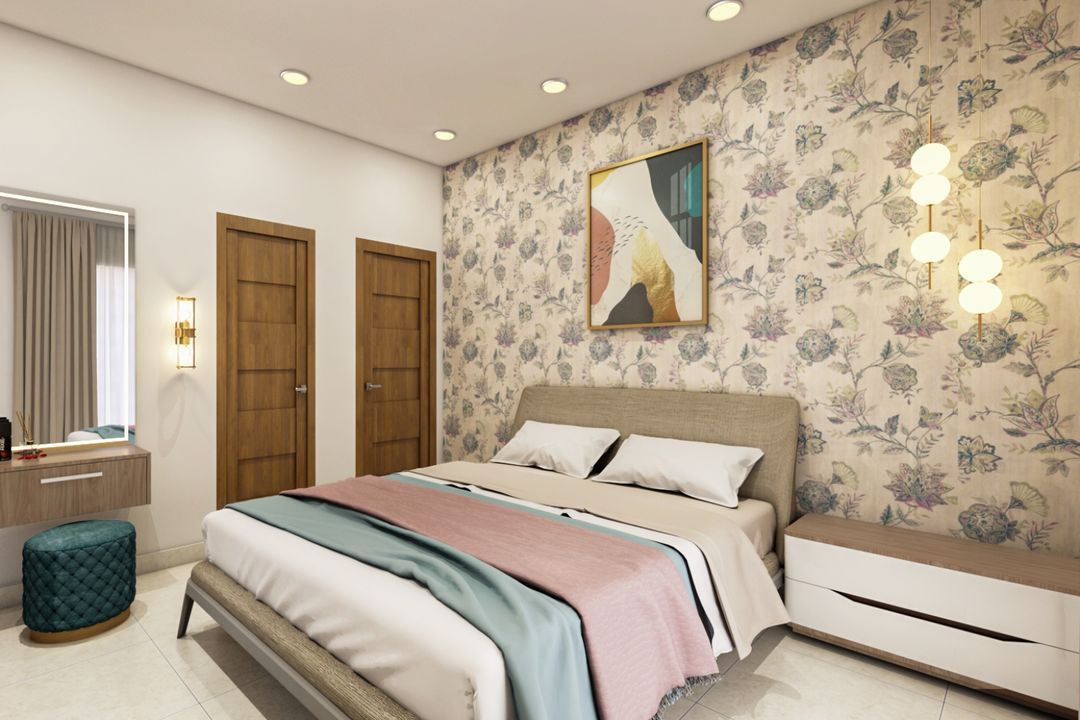 Beige And Blue Floral Bedroom Wallpaper Design | Livspace
