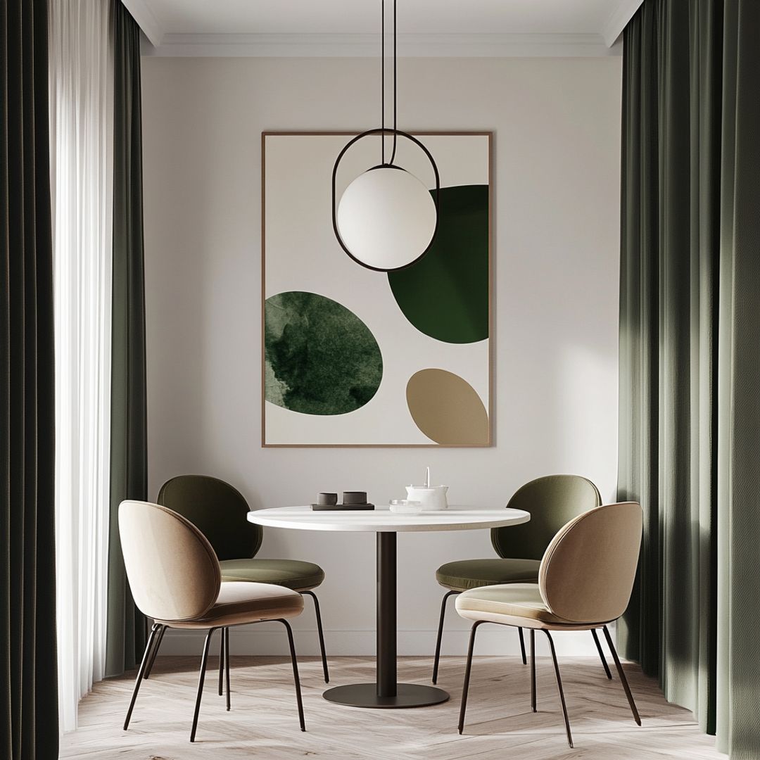 Dining Room Design with Contemporary Circular Table, Abstract Art, and ...