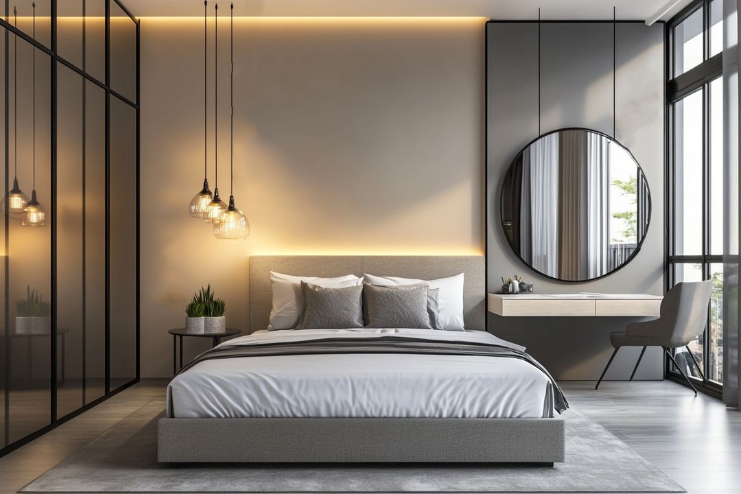 Master Bedroom Design with Modern Pendant Lighting, Vertical Paneling ...
