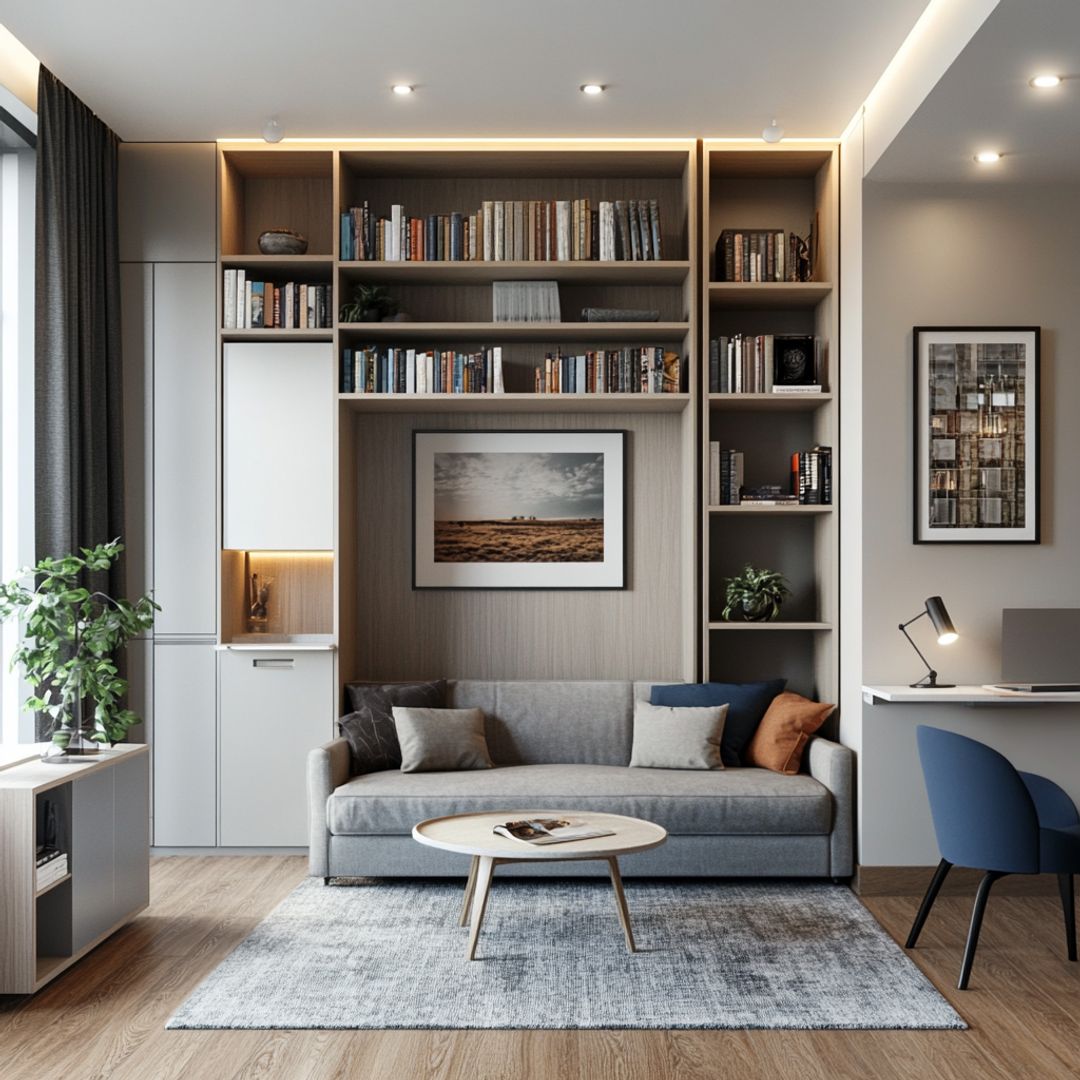 Space-Saving Living Room Design with Sofa and Ample Wall Storage for ...