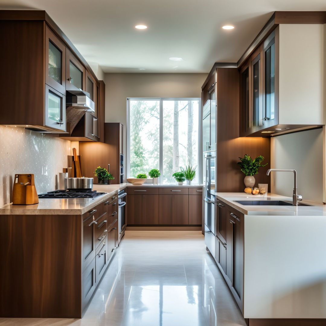 Parallel Mid-Century Modern Kitchen Design Featuring Wooden Cabinets ...