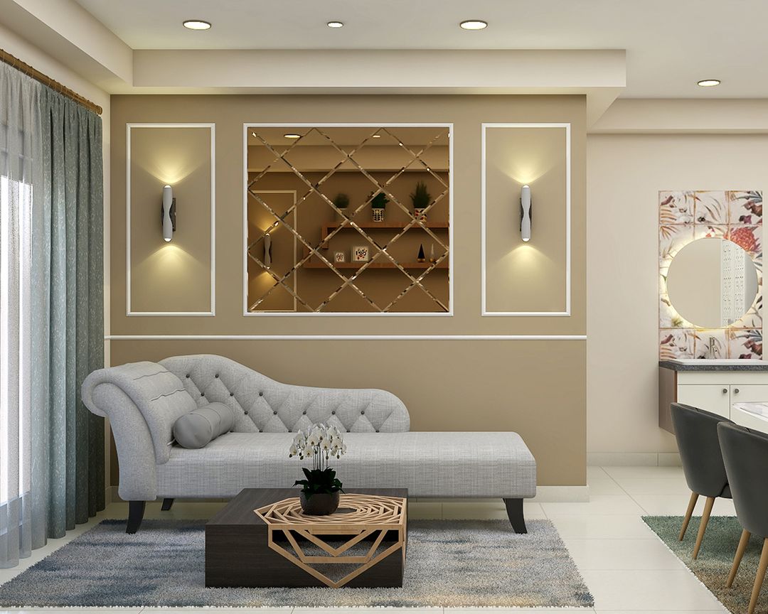 3-Seater Grey Sofa with Wall Trim Design and Brown Mirror for Modern ...