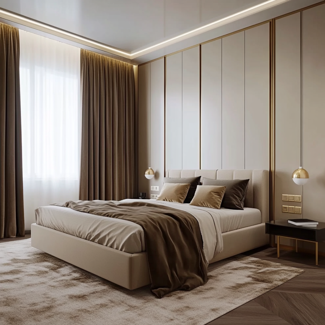 Master Bedroom Design with Modern Cream Walls, Wooden Flooring, and ...