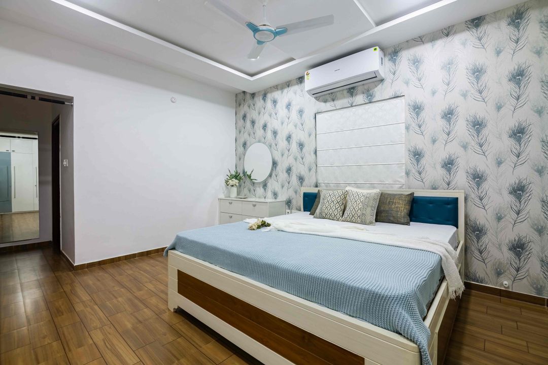 Master Bedroom Design With A White And Blue Motif Wallpaper | Livspace