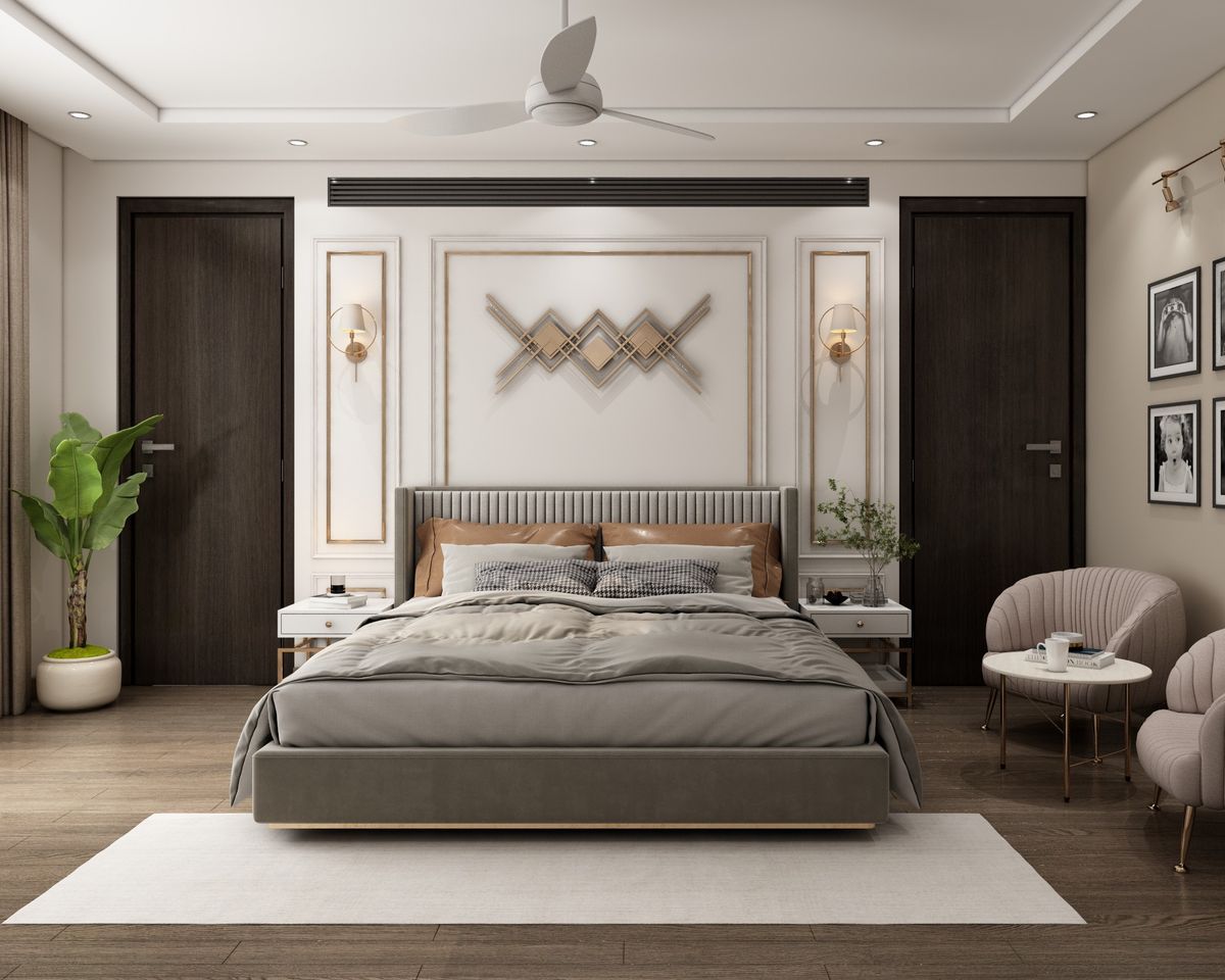 Contemporary Wall Design With Grey Bed | Livspace