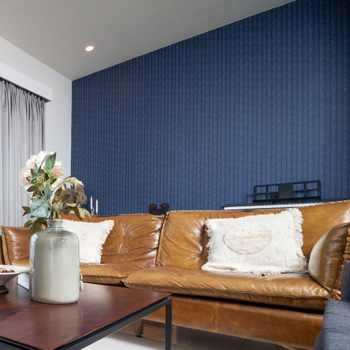 Living Room Wallpaper Design With Rich Blue Details | Livspace