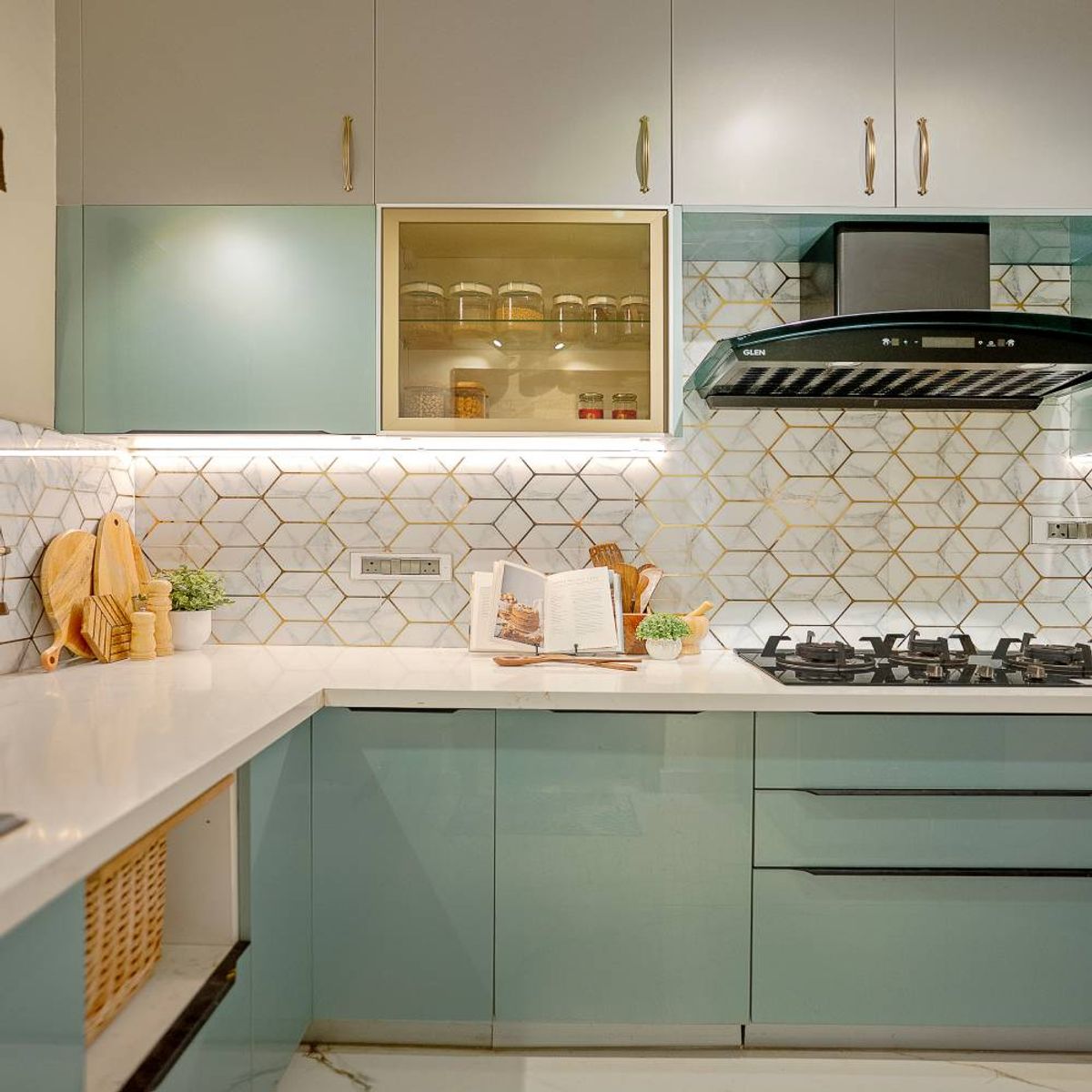 Modern L-Shaped Kitchen Design with Blue and Silver Cabinets, Gold ...