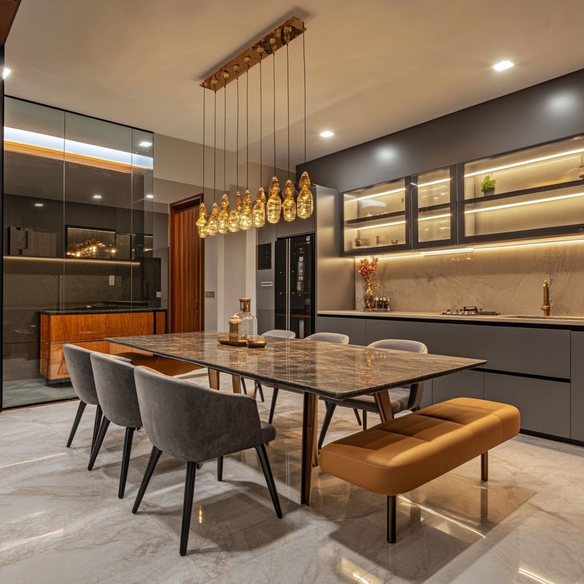 Modern Dining Room Design Featuring Granite Top and BuiltIn