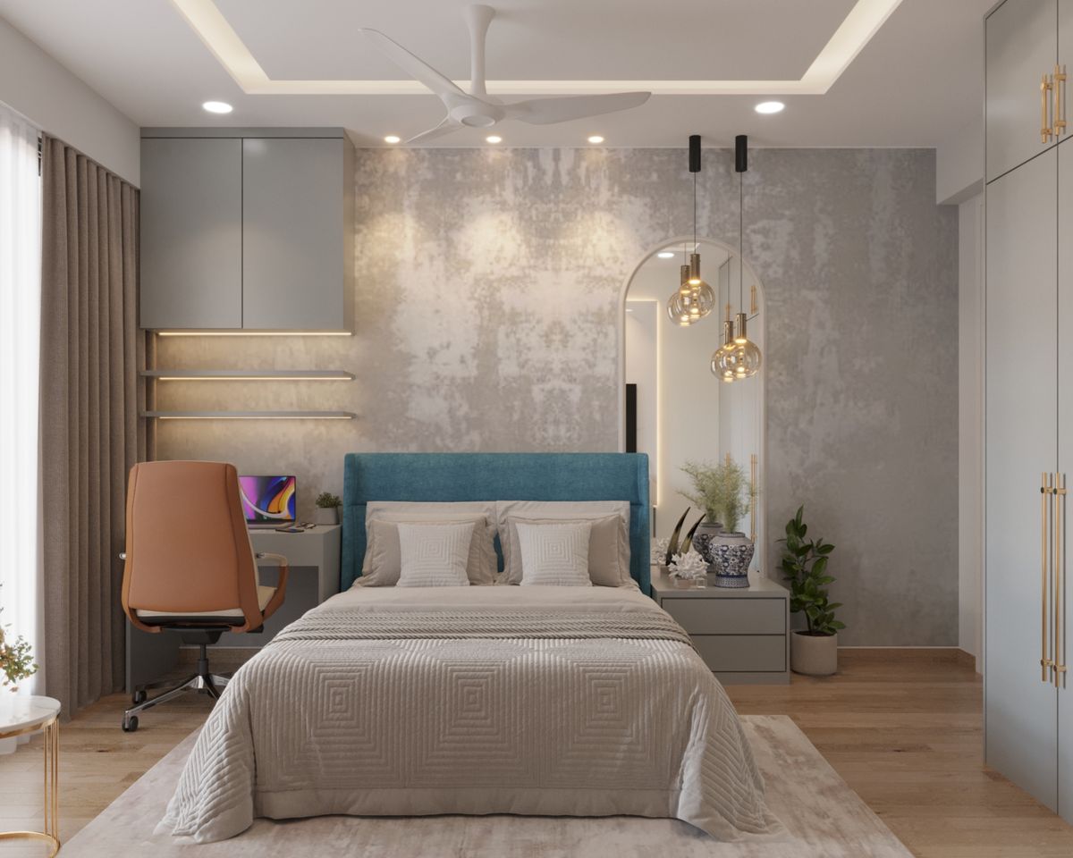 Contemporary Guest Bedroom Design With Grey Wallpaper and Wooden