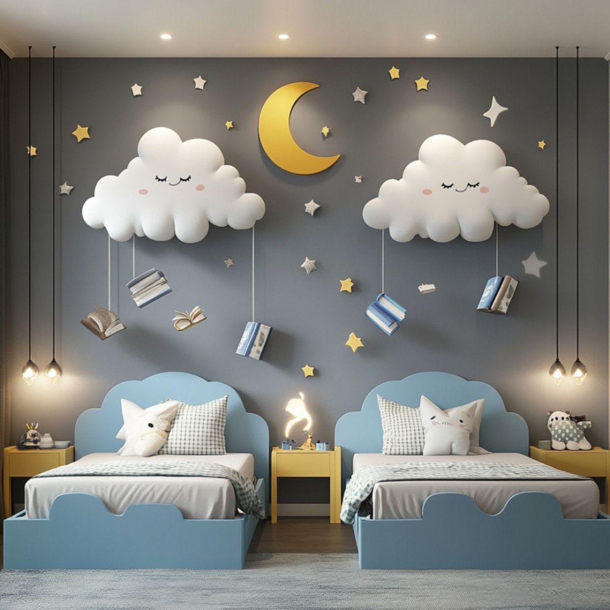 Sky-Blue Modern Kids Bedroom Design with Fluffy Cloud Beds and Built-in ...