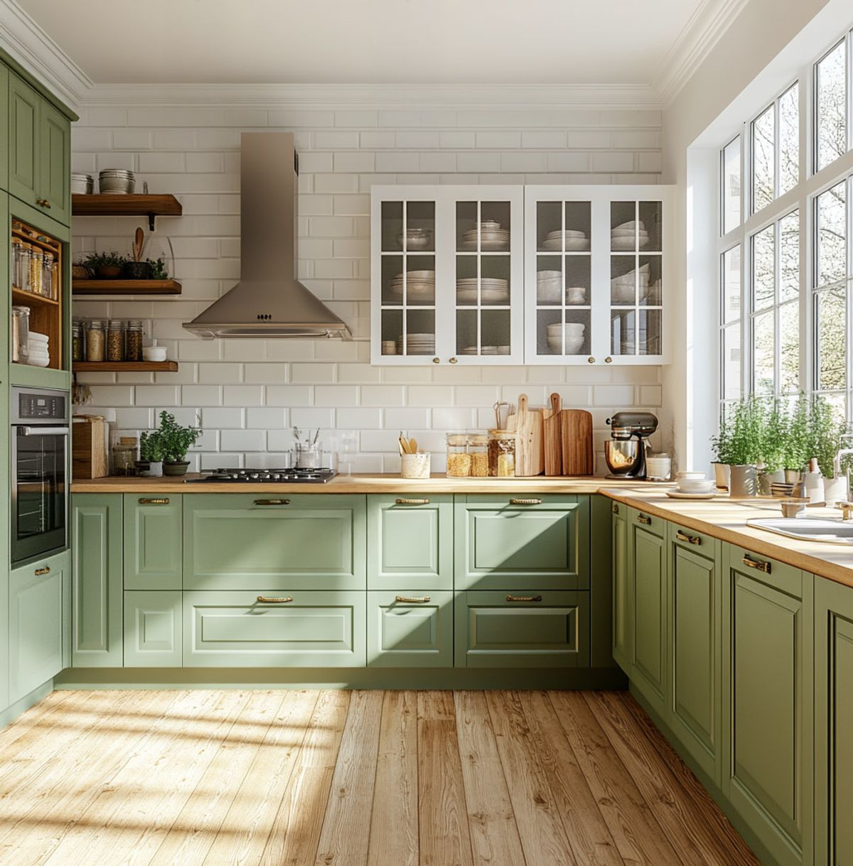 U-Shaped Modern Kitchen Design with Glass Cabinets and Wooden ...