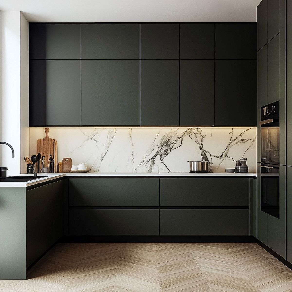 Contemporary L-Shaped Kitchen Design With Suede Grey Cabinets and ...