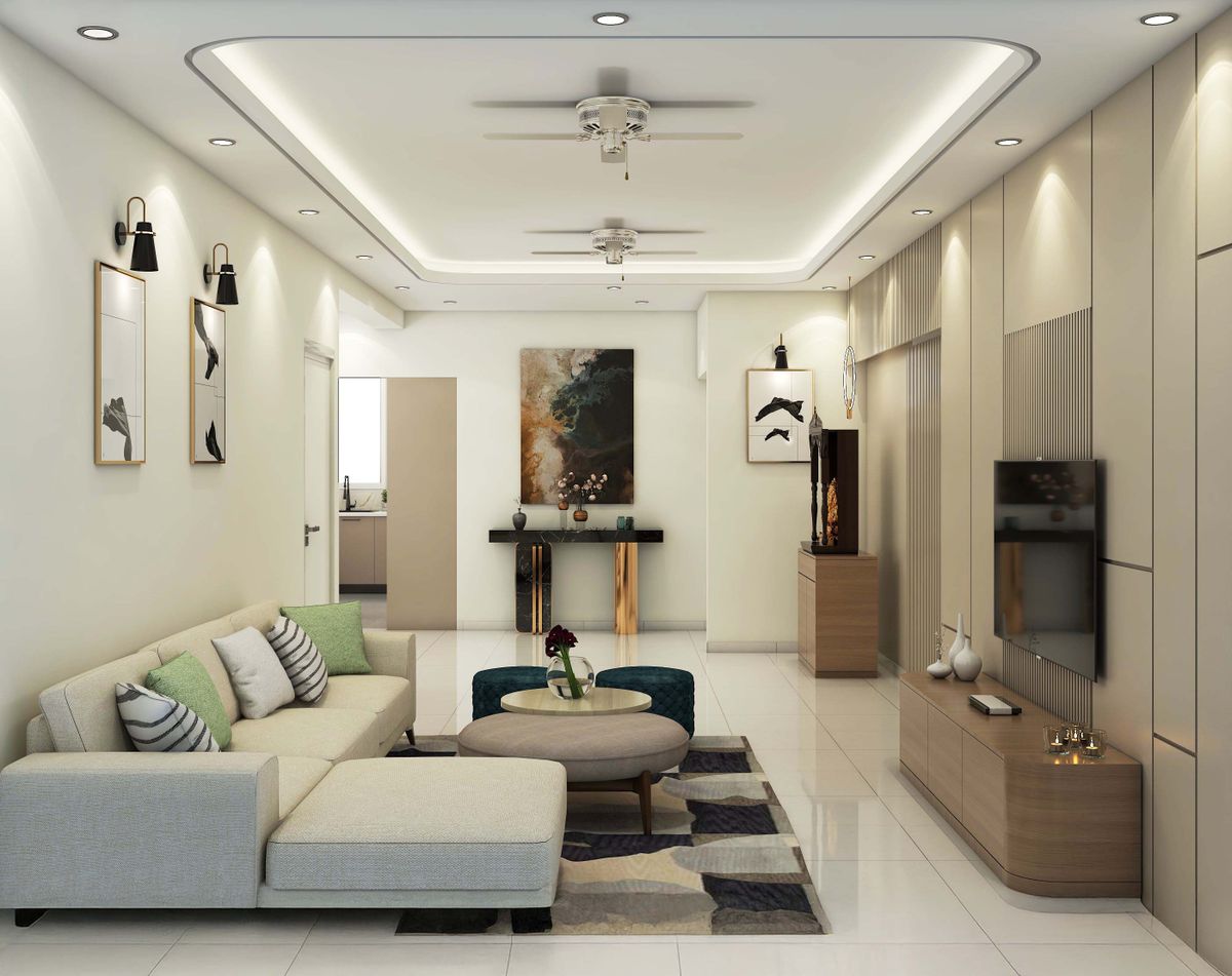 Modern Living Room Wall Design Featuring Paneling, Spotlights and ...
