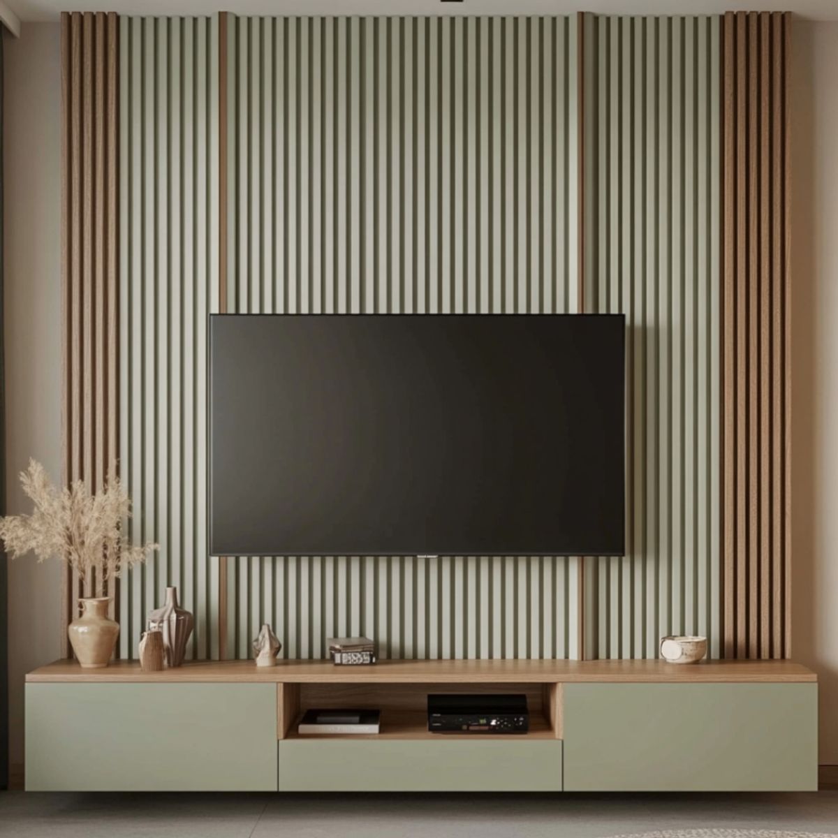 Modern TV Unit Design with Vertical Slat Design and Open Shelves | Livspace