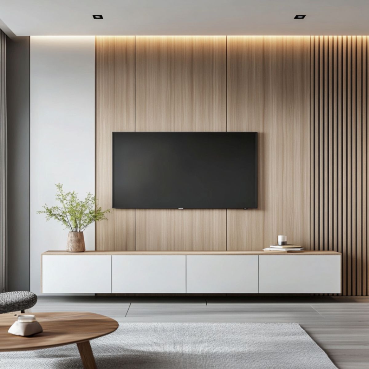 Scandinavian TV Unit Design with LED Lighting and Vertical Wood ...